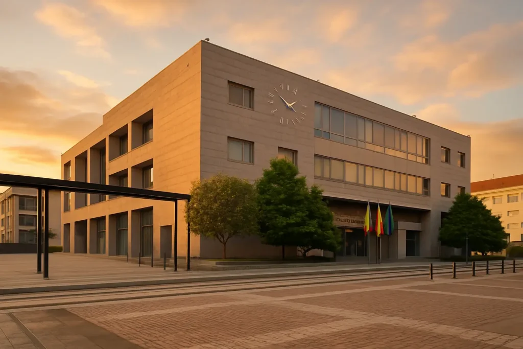 Fachada del Concello de Boiro al atardecer, referencia local para nuestros abogados en Boiro