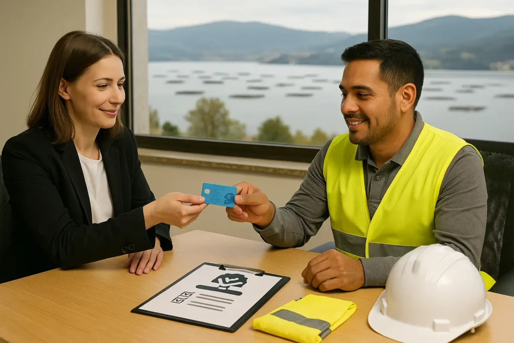 Abogado en Boiro entrega a una clienta su permiso de residencia y trabajo, con la ría de Arousa y las bateas al fondo.