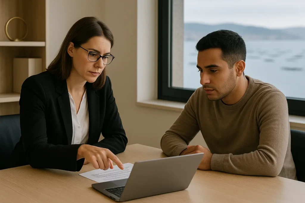 Abogada de Lexgalia en Boiro asesorando a un cliente extranjero sobre defensa ante expulsión o detención, ambos mirando la pantalla del ordenador en un despacho moderno con el mar y las bateas de la ría difuminadas por la ventana.