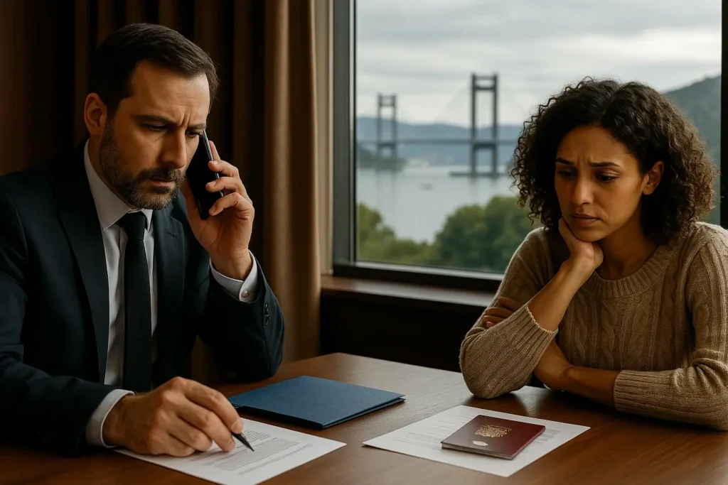 Abogado de extranjería en Vigo atiende una defensa urgente por expulsión o detención mientras asesora a una clienta; Puente de Rande al fondo.