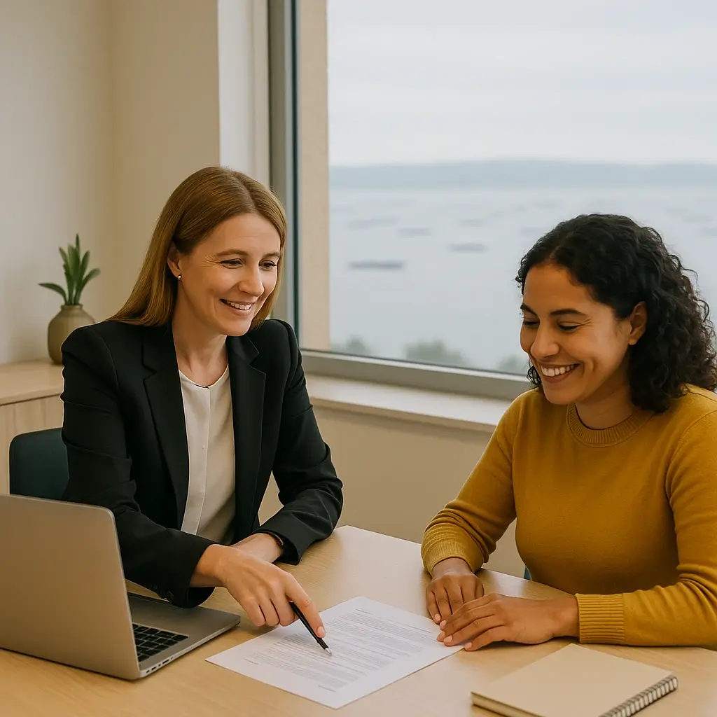 Abogada de Lexgalia en Boiro hablando con una clienta sobre nacionalidad española, con las bateas de la ría visibles difuminadas por la ventana.