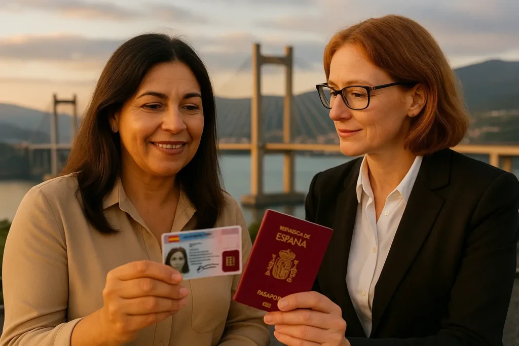 Clienta latina celebra la obtención de la nacionalidad española en Vigo junto a su abogada, con el Puente de Rande al fondo, mostrando DNI y pasaporte.