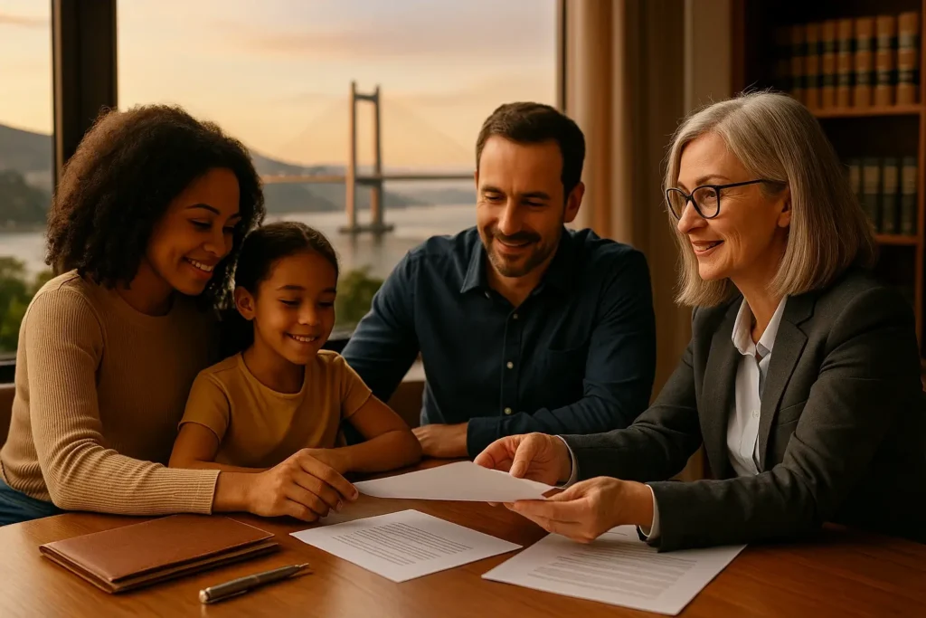 Abogada de extranjería asesora a una familia sobre reagrupación familiar en Vigo con el Puente de Rande al fondo.
