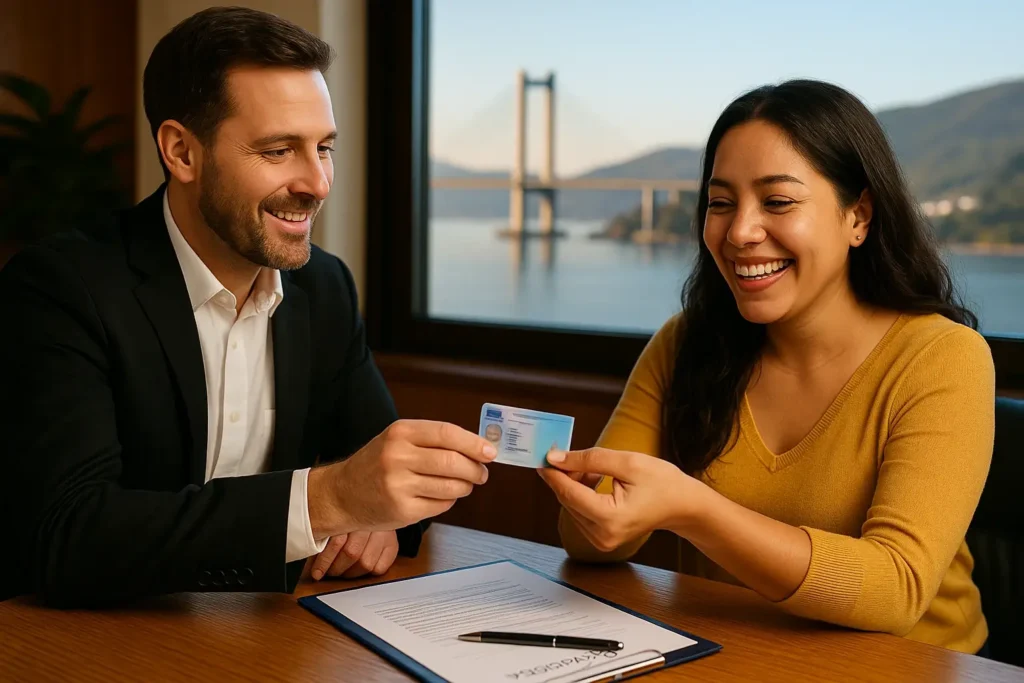 Abogado entrega la tarjeta NIE a una clienta latina en Vigo, con el Puente de Rande al fondo, tras completar sus trámites de extranjería.