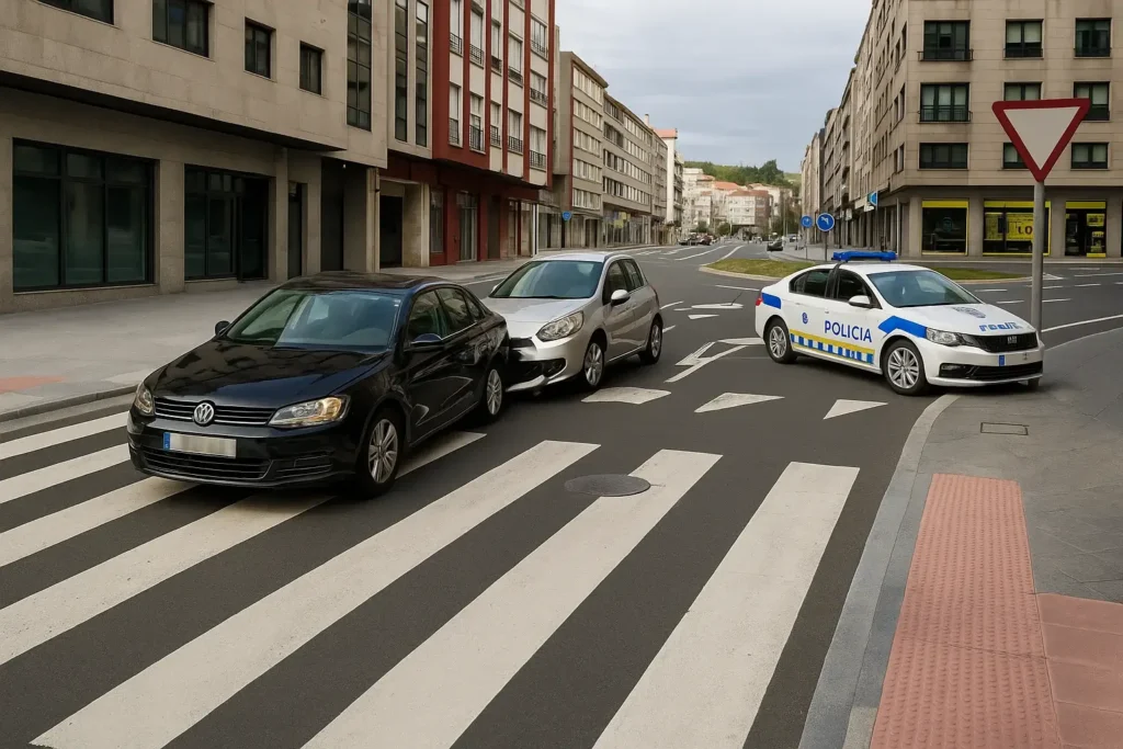 Dos coches implicados en un accidente leve en un cruce de Pontevedra, con un vehículo de la policía local estacionado junto a la escena en una calle urbana sin peatones.
