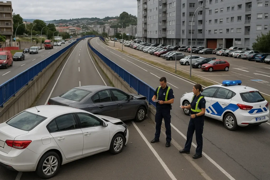 Accidente leve por alcance en una vía urbana de Vigo: dos coches en el mismo carril con daños leves en los parachoques y agentes de policía supervisando y tomando notas en el lugar.
