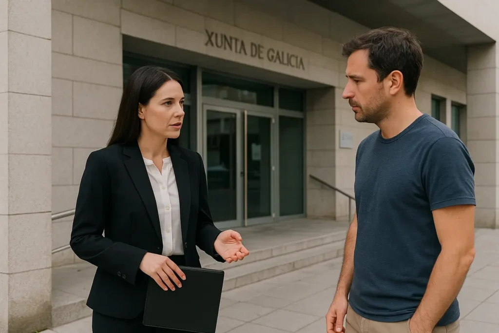 Abogada de Lexgalia hablando con un cliente preocupado en la entrada de un edificio judicial en Boiro, lista para asistirle en caso de detención o juicio rápido.