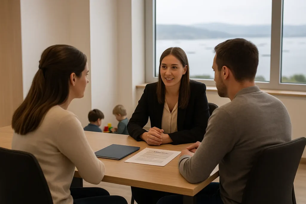 Abogada de Lexgalia en Boiro asesorando a una madre y un padre sobre custodia de hijos y régimen de visitas en un despacho moderno, con sus hijos jugando al fondo y la ría de Boiro visible por la ventana.