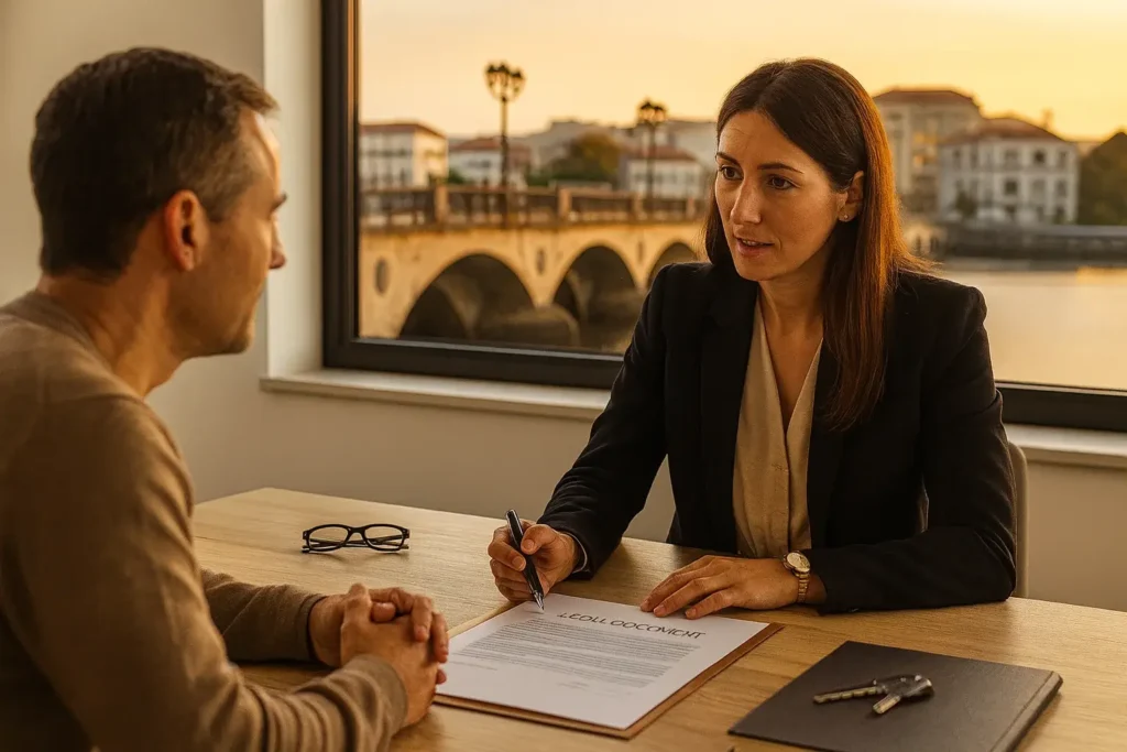 Abogada reunida con su cliente en un despacho con vistas al Puente del Burgo en Pontevedra, revisando documentos legales sobre la mesa durante un atardecer cálido.