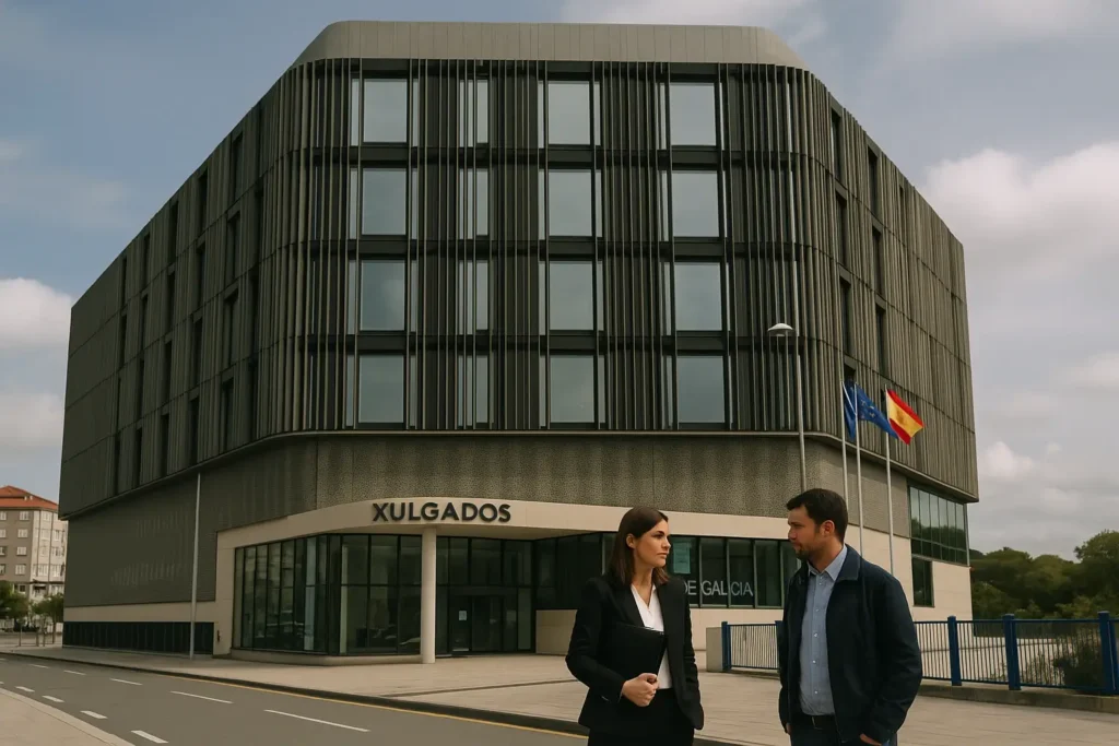 Abogada penalista de Lexgalia conversando con su cliente frente al edificio de los juzgados de Pontevedra, en A Parda, durante una mañana nublada.