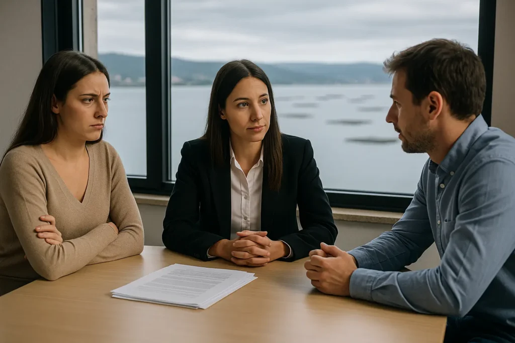 Abogada de Lexgalia en Boiro mediando en una reunión con una pareja que valora el divorcio o la separación, sentados en un despacho con vistas a la ría y las bateas al fondo.