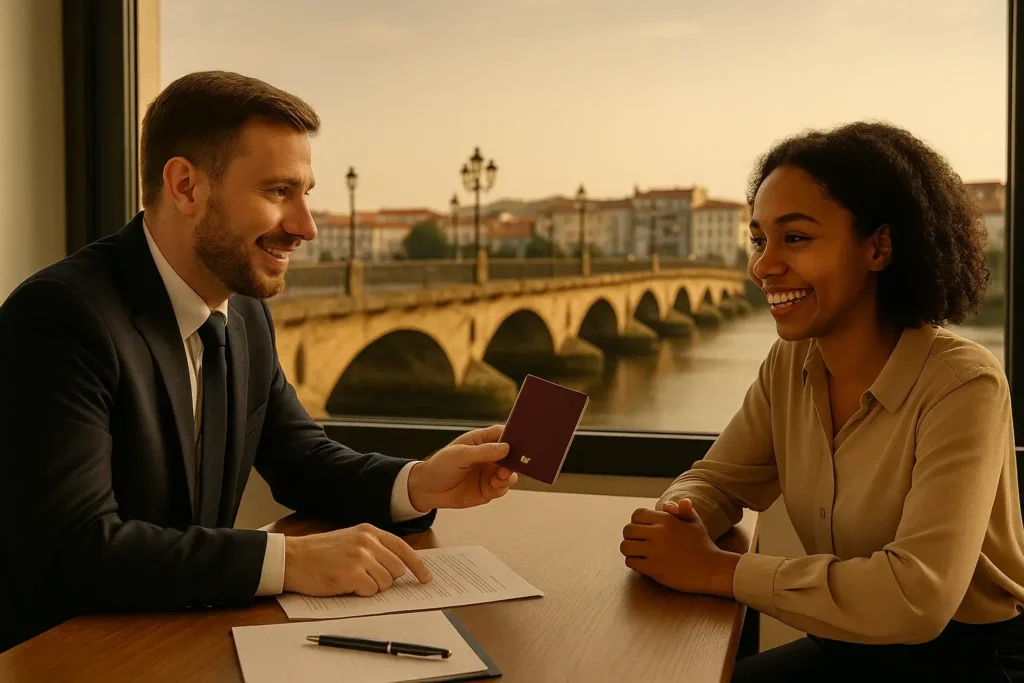 Abogado de extranjería reunido con una mujer sonriente mientras revisan su pasaporte en un despacho con vistas al Puente del Burgo en Pontevedra, durante un atardecer cálido.