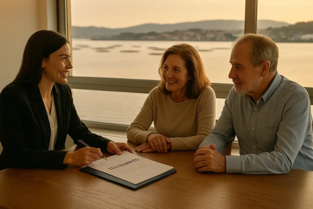 Abogada reunida con un matrimonio en un despacho con vistas a la ría de Boiro, revisando documentos de herencia durante una consulta cercana y profesional al atardecer.