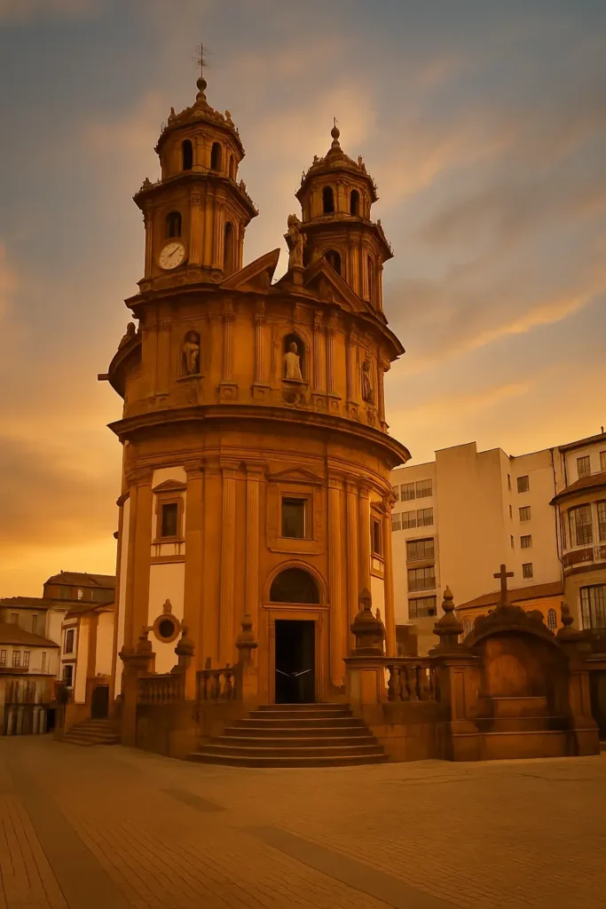 Fachada de la Iglesia de la Peregrina de Pontevedra iluminada por la luz cálida del atardecer, con el cielo en tonos anaranjados y azules sobre el casco histórico.