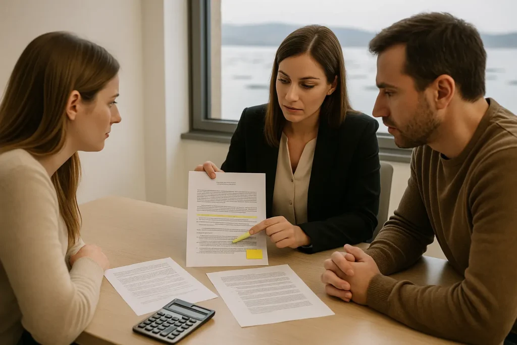 Abogada de Lexgalia en Boiro reunida con una pareja revisando un documento judicial para modificar medidas de custodia, visitas o pensión, en un despacho moderno con la ría de Boiro visible por la ventana.