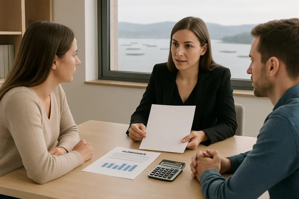 Abogada de Lexgalia en Boiro explicando a una pareja el cálculo de las pensiones de alimentos y compensatoria, con documentos y una calculadora sobre la mesa y la ría de Boiro visible por la ventana.