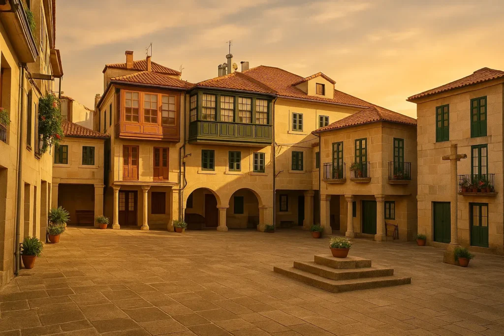 Plaza de la Leña en el casco histórico de Pontevedra al atardecer, con sus casas tradicionales de piedra, galerías y balcones iluminados por una luz cálida, uno de los lugares más emblemáticos de la ciudad.