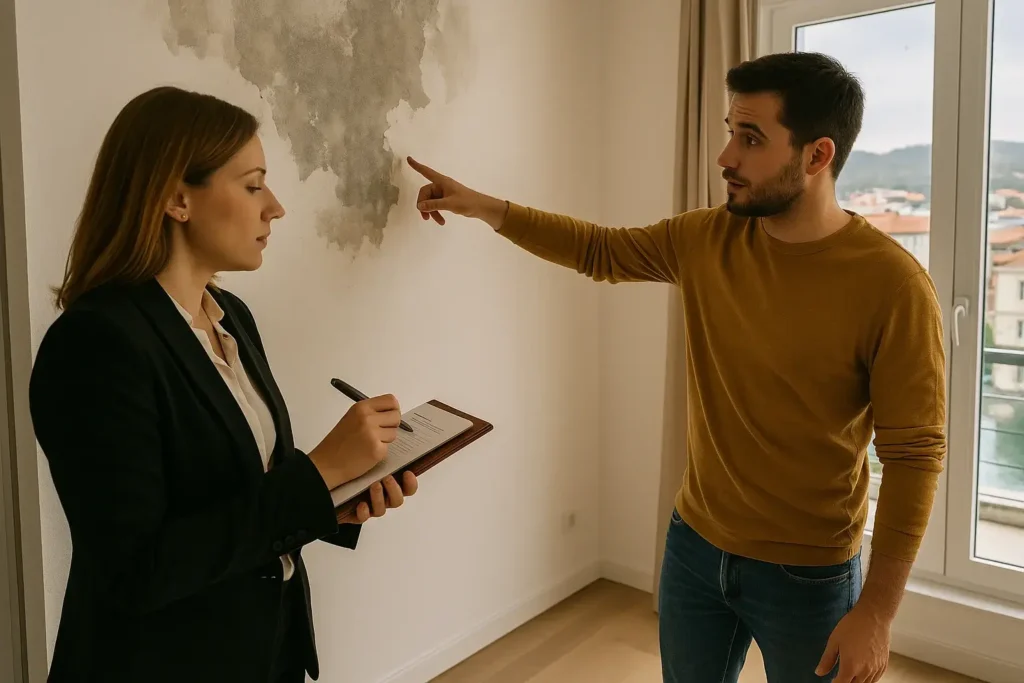 Inquilino mostrando una humedad en la pared a una abogada que toma notas durante una inspección en una vivienda alquilada en Boiro, con vistas a la ría desde la ventana.