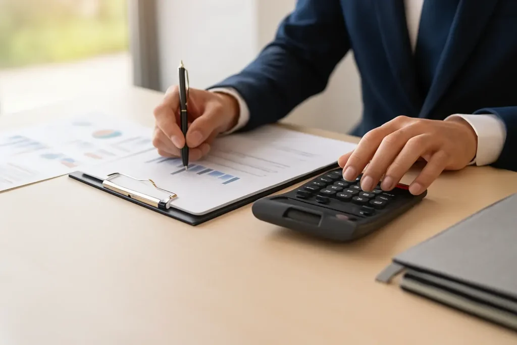 Primer plano de un profesional revisando documentos financieros y utilizando una calculadora en un despacho iluminado por luz natural, representando el servicio de reclamaciones de cantidad en Boiro.