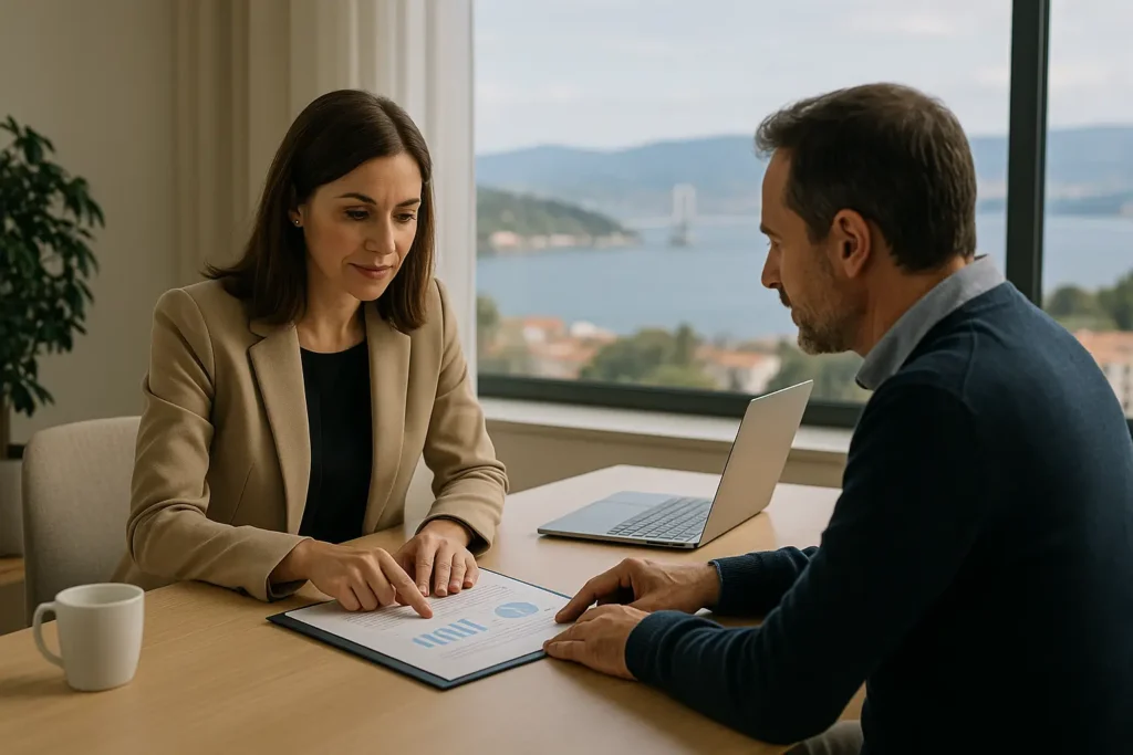 Abogada de Lexgalia en un despacho de Vigo explicando a un cliente adulto una reclamación de cantidad, revisando un informe con gráficos sobre la mesa y con la ría de Vigo y el puente de Rande difuminados al fondo.