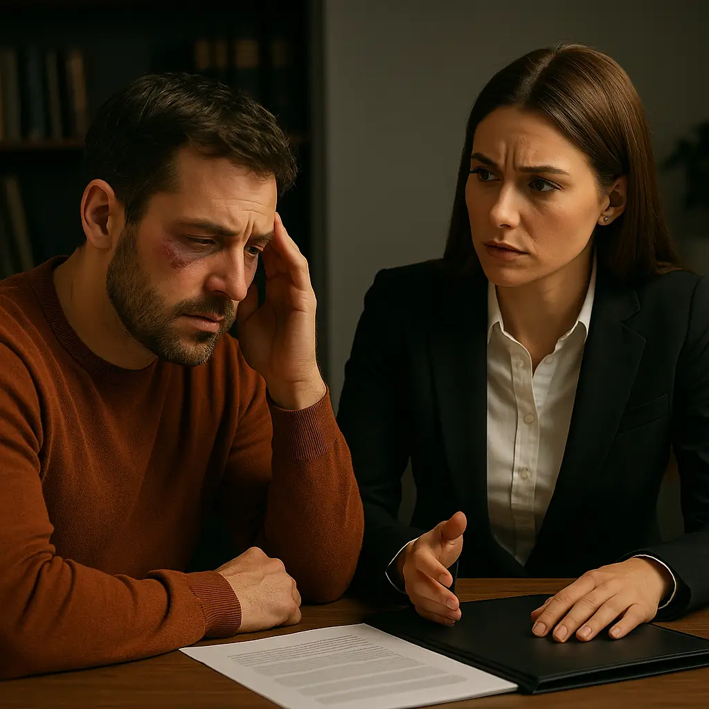 Abogada penalista asesora a un cliente con signos de lesiones en su despacho tras una denuncia por violencia en Pontevedra.