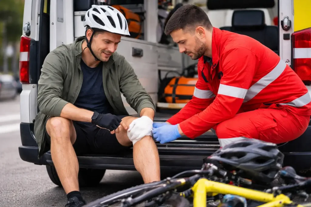 Ciclista herido en Pontevedra recibe asistencia tras un accidente de bicicleta: se encuentra sentado con el casco puesto en la parte trasera de una ambulancia, visiblemente vendado.