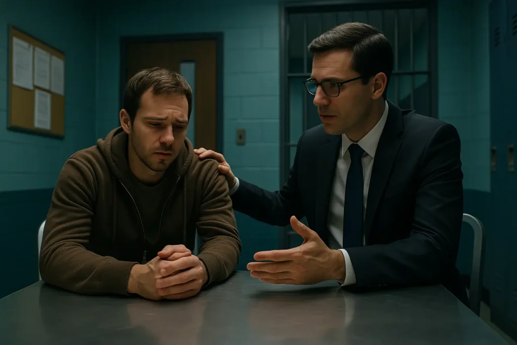 Abogado penalista asiste a un detenido en una sala de comisaría, asesorándole legalmente durante las primeras 24 horas tras la detención en Pontevedra.