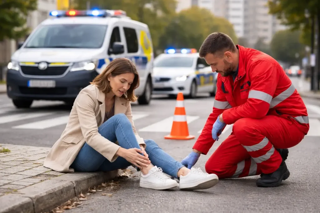 Fotografía ambientada en Pontevedra que representa la atención policial tras un atropello a un peatón. La escena muestra una zona acordonada y un agente tomando nota, sin mostrar el impacto directamente. En Lexgalia contamos con abogados expertos en accidentes por atropello, asesorando tanto a víctimas como a familiares para reclamar la máxima indemnización.
