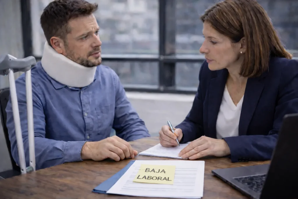 Abogado de accidentes en Pontevedra revisa documentación junto a un cliente que ha sufrido una baja laboral tras un siniestro de tráfico. Sobre la mesa, un folio con un post-it indica “baja laboral”
