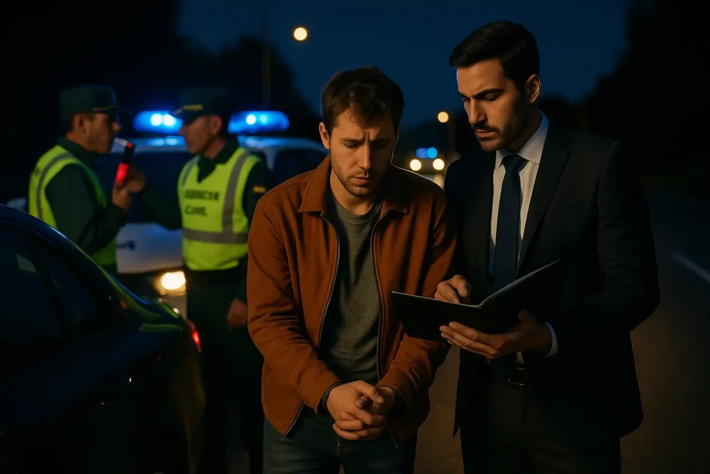 Abogado penalista asiste a conductor detenido por la Guardia Civil en un control de alcoholemia nocturno en carretera de Pontevedra.
