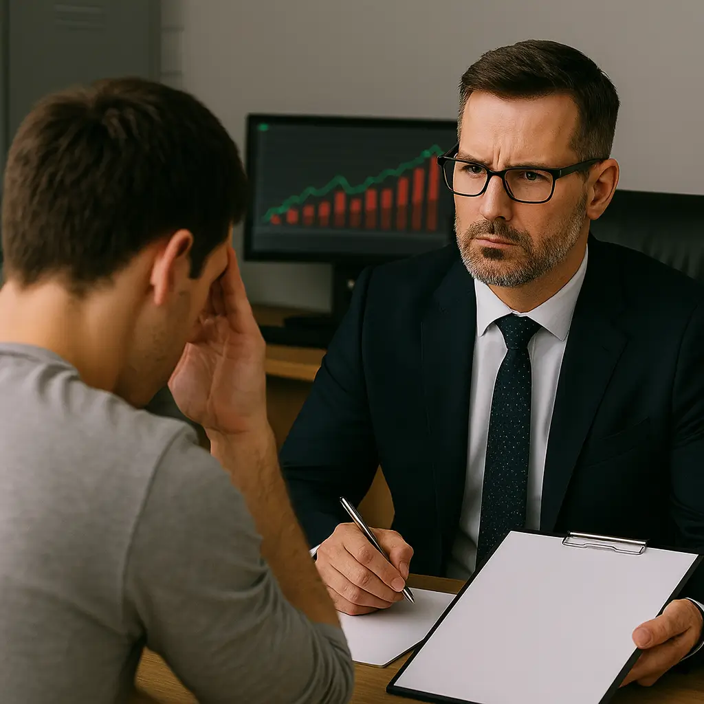 Abogado penalista asesora a un cliente preocupado por un delito económico en una oficina profesional, con gráficos financieros en el ordenador de fondo.