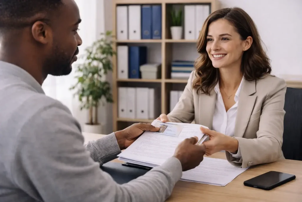 Abogado de extranjería en Pontevedra asesorando a un hombre africano sobre trámites de arraigo en una oficina profesional