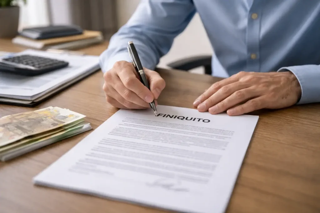 Abogado laboral en Pontevedra para finiquito e indemnización: trabajador firma el acuerdo final con su empresa y revisa las cantidades en oficina.