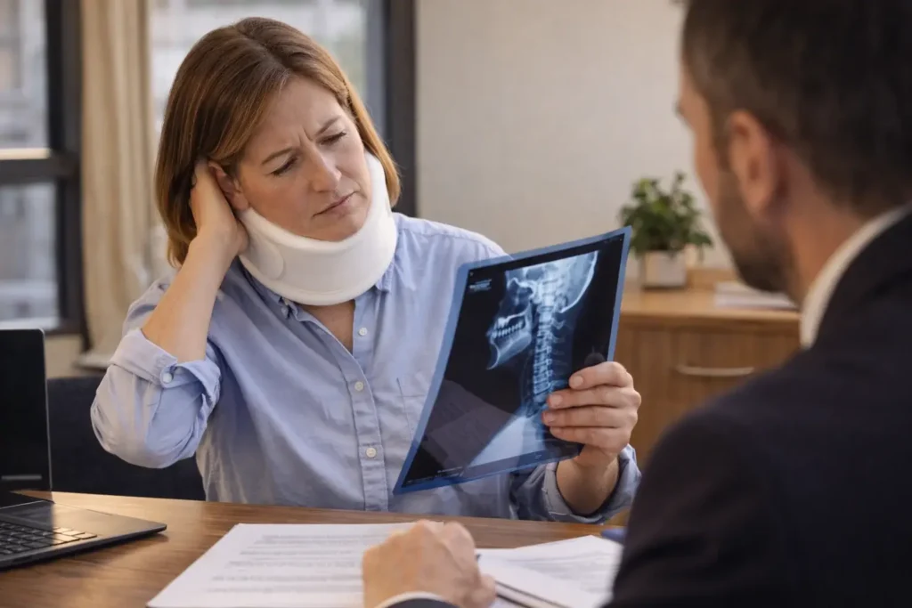 Abogado especializado en accidentes de tráfico en Pontevedra asesora a una mujer con latigazo cervical, que se toca la nuca mientras sostiene una radiografía de la columna.