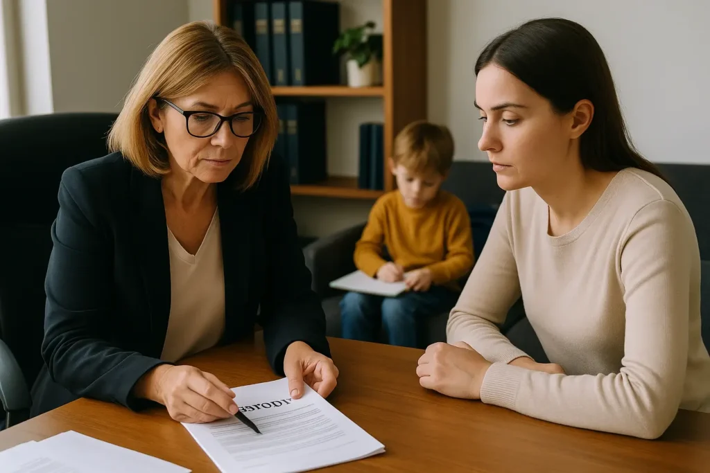 Abogada en Vigo especializada en derecho familiar, asesorando a una madre en un proceso de divorcio