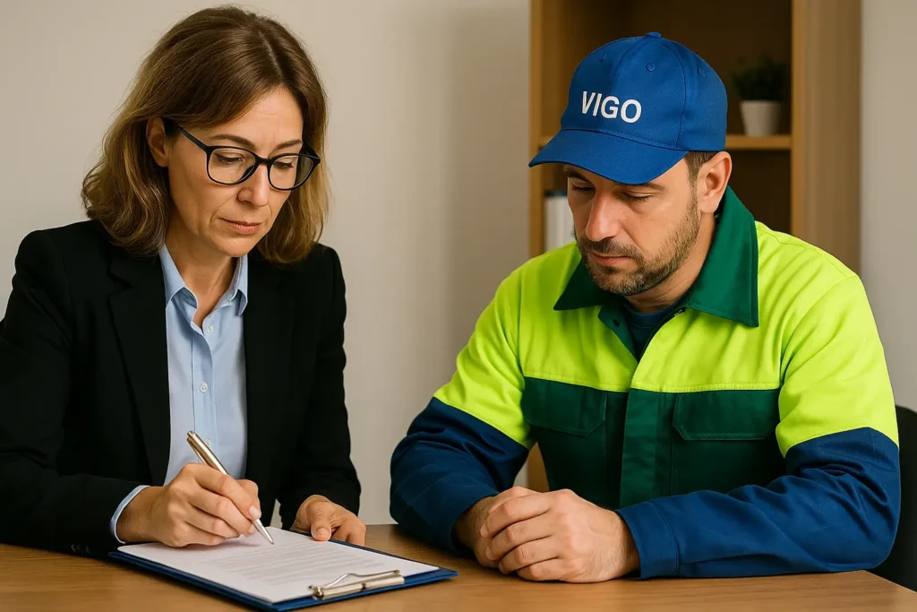 Abogada laboralista en Vigo asesora a un trabajador con uniforme durante una consulta legal sobre despido