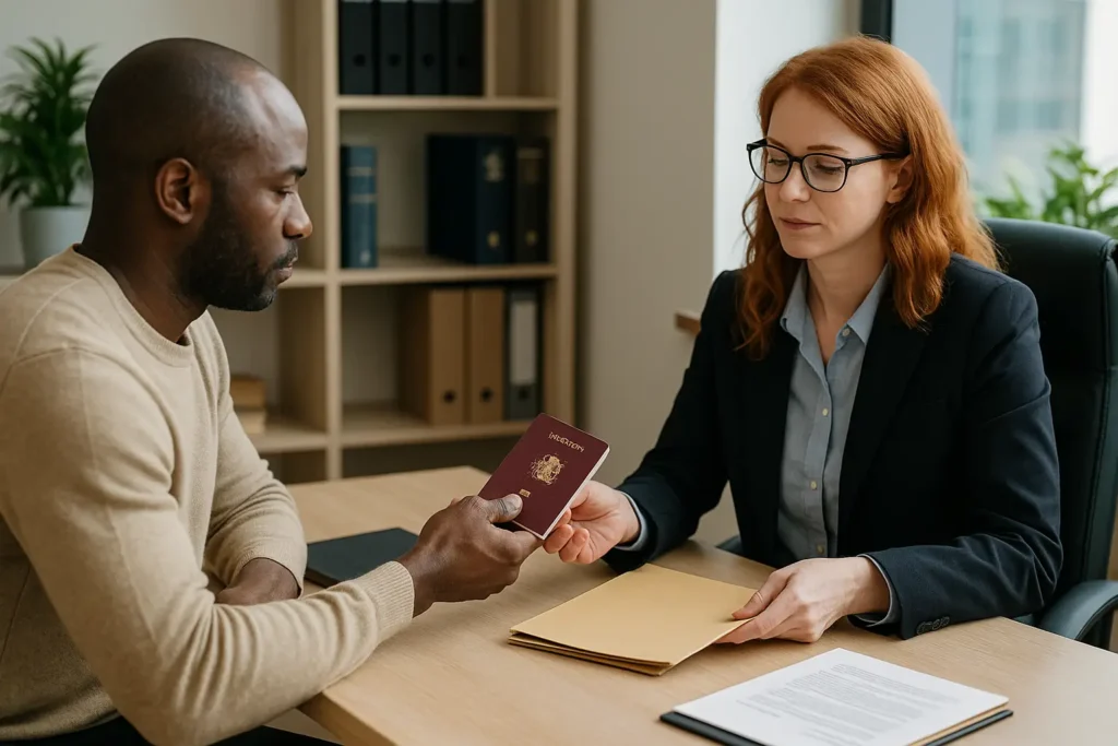 Abogada de extranjería en Vigo ayuda a un cliente extranjero con su pasaporte y trámites de residencia