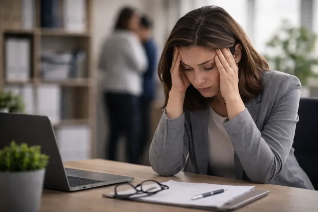 Acoso laboral en Pontevedra: trabajadora sola y angustiada en su oficina, víctima de mobbing, una situación que abordamos desde Lexgalia con abogados laboralistas especializados.