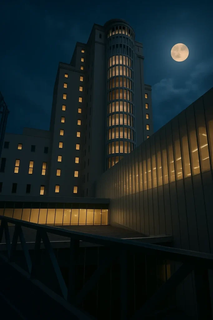 Ciudad de la Justicia de Vigo iluminada de noche, lugar clave para abogados en Vigo en casos penales, civiles, familiares y laborales