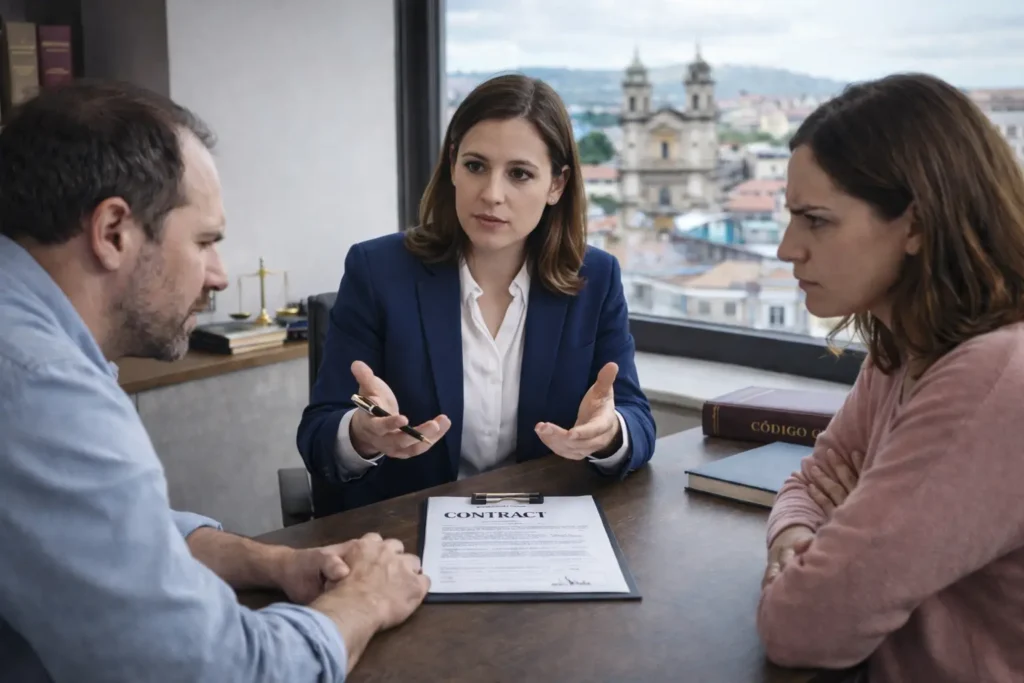 Dos personas discuten un contrato ante una abogada en un despacho legal moderno con vistas a Pontevedra, representando un conflicto contractual.