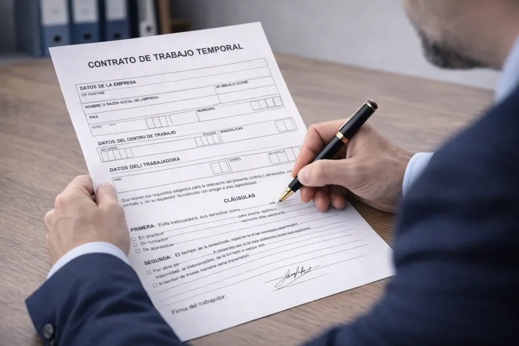 Abogado laboral en Pontevedra revisa y firma un contrato de trabajo temporal para empresa, con cláusulas laborales oficiales en formato SEPE.