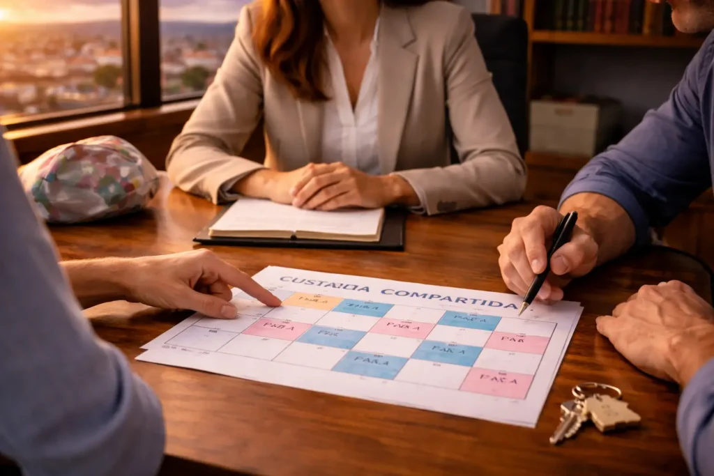 Padres separados revisando acuerdo de custodia compartida con abogada en Pontevedra