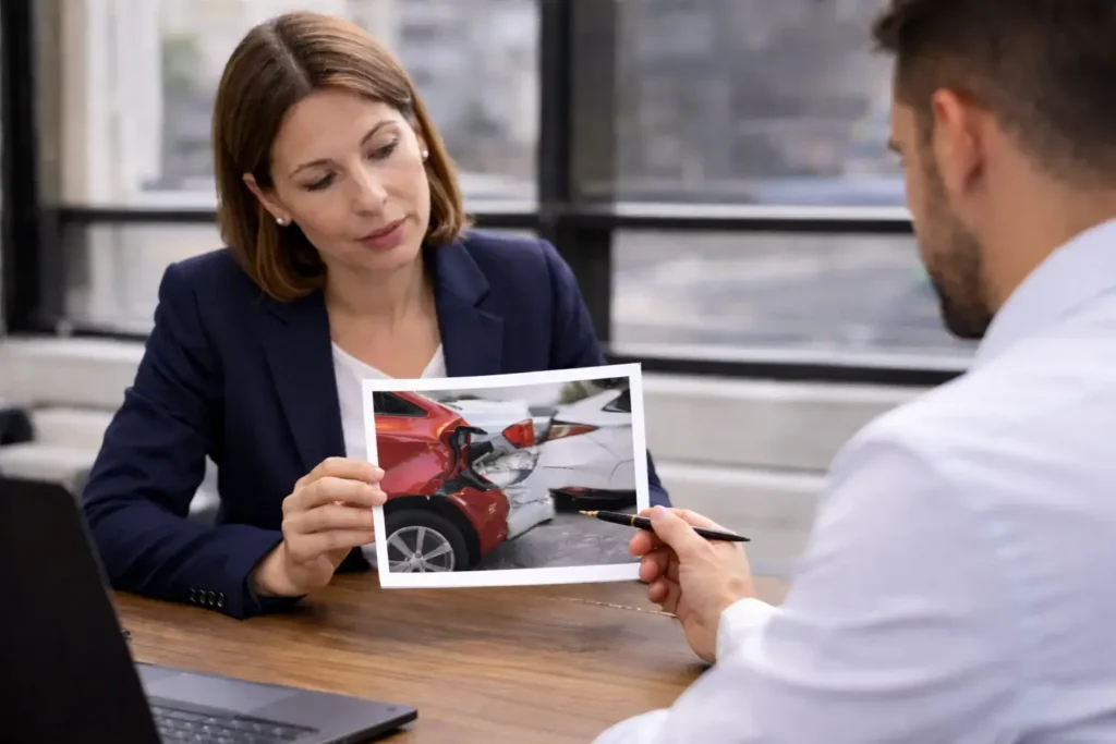 Cliente muestra a su abogada las fotografías de los daños materiales sufridos en un accidente de tráfico en Pontevedra, durante una consulta legal sobre peritaje.