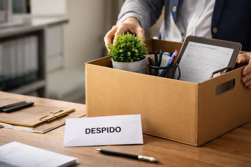 Despido en Pontevedra: trabajador recoge sus pertenencias tras recibir una carta, asesorado por abogado laboralista especializado.