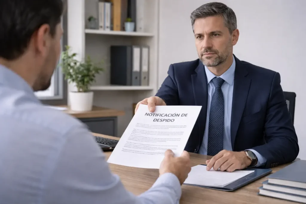 Despidos para empresas en Pontevedra: empresario entrega una carta de notificación de despido en un entorno profesional, con apoyo de asesoría legal laboral.