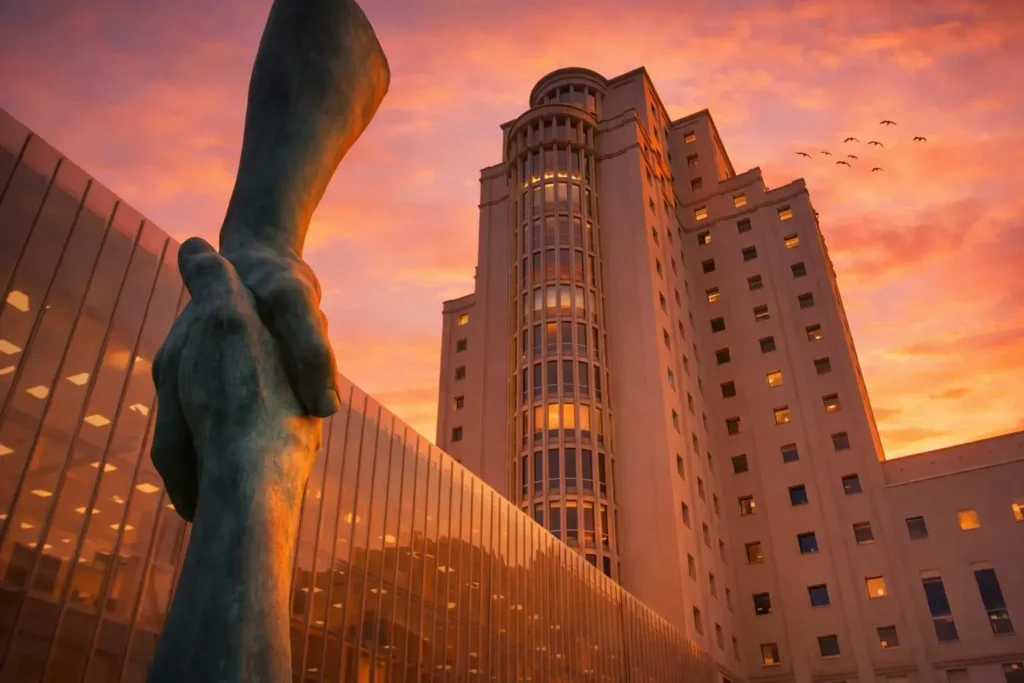Escultura frente a la Ciudad de la Justicia de Vigo con luz cálida de atardecer y pájaros en el cielo