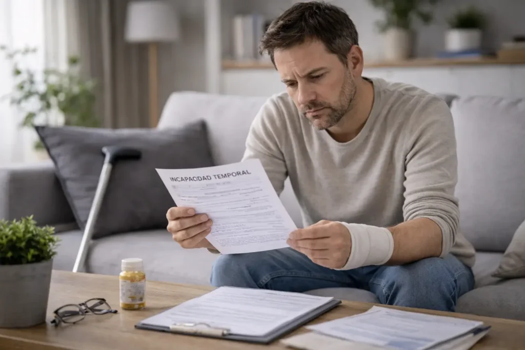 Incapacidad laboral en Pontevedra: trabajador con baja médica revisa documentos en su domicilio, atendido por abogados laboralistas especializados en Seguridad Social.