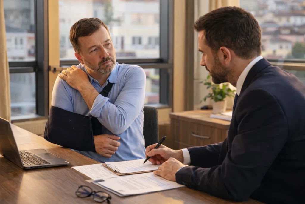 Abogado en Pontevedra atiende a víctima con lesiones tras accidente de tráfico: el cliente, con cabestrillo, recibe asesoramiento legal sobre su indemnización.