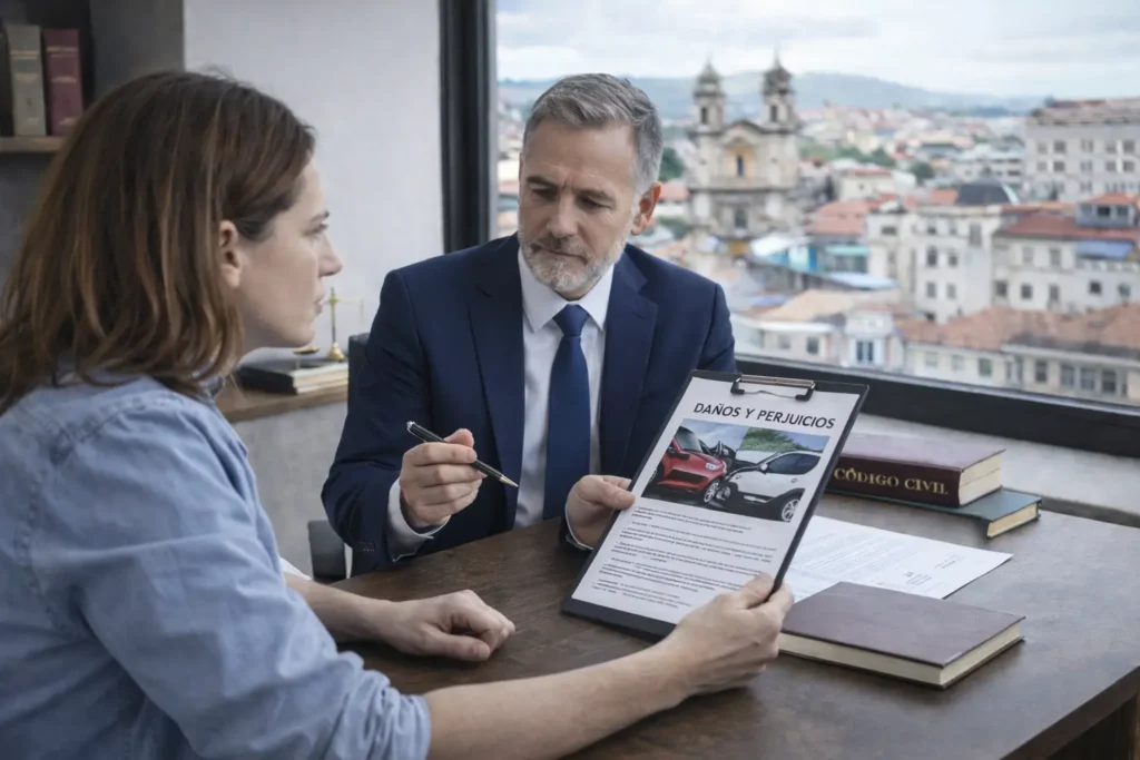 Consulta legal entre abogado y cliente por indemnización tras accidente en Pontevedra