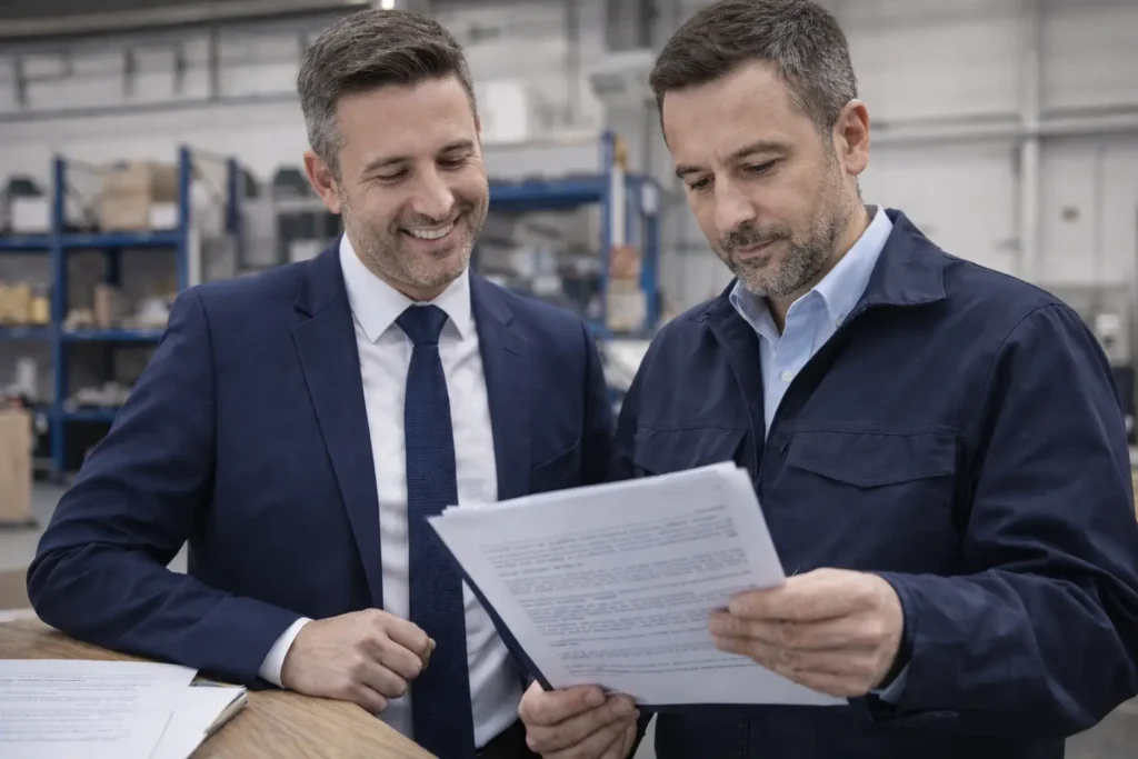 Inspección de Trabajo en Pontevedra: empresario revisa documentación junto a un inspector en las instalaciones de la empresa, con actitud tranquila y profesional.